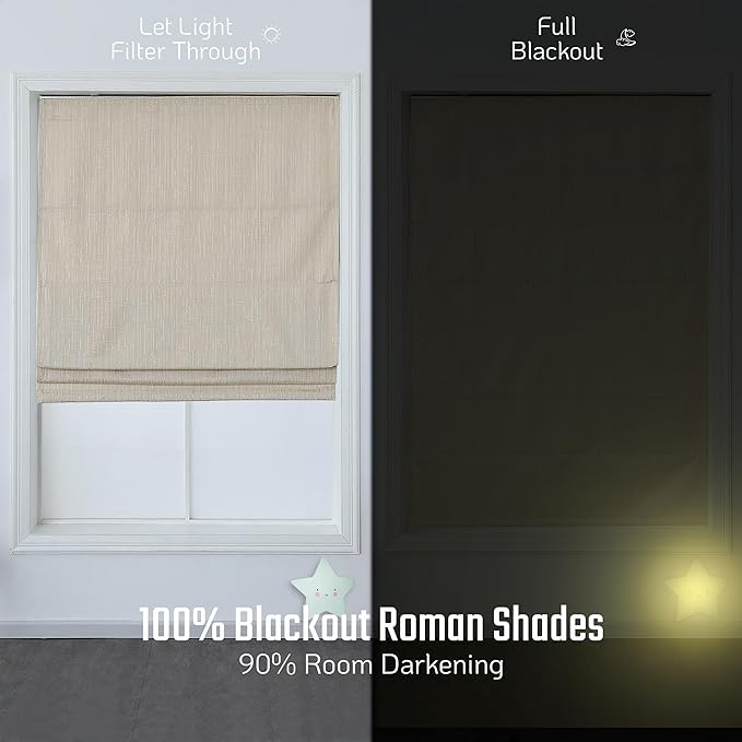 100% Blackout Cordless Roman Shades for Windows, Textured Woven Thermal Insulated Roman Blind, Pepper