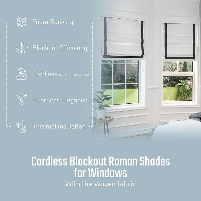 Greenwich Cordless 100% Blackout Fabric Roman Shades for Windows, Premium Pull-Down Blind for Home, Bedroom, Living Room, Kitchen, Office, with Ribbon Border, Black, 23x64 Inches