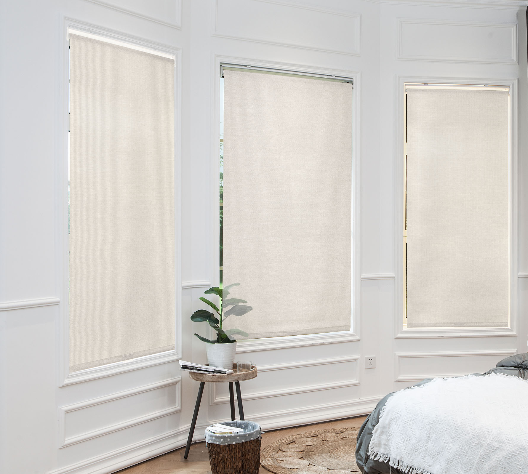 Natural Woven Cane Paper Cordless Roller Window Shade Pull-Down Blind for Home, Bedroom, Living Room, Kitchen, Office