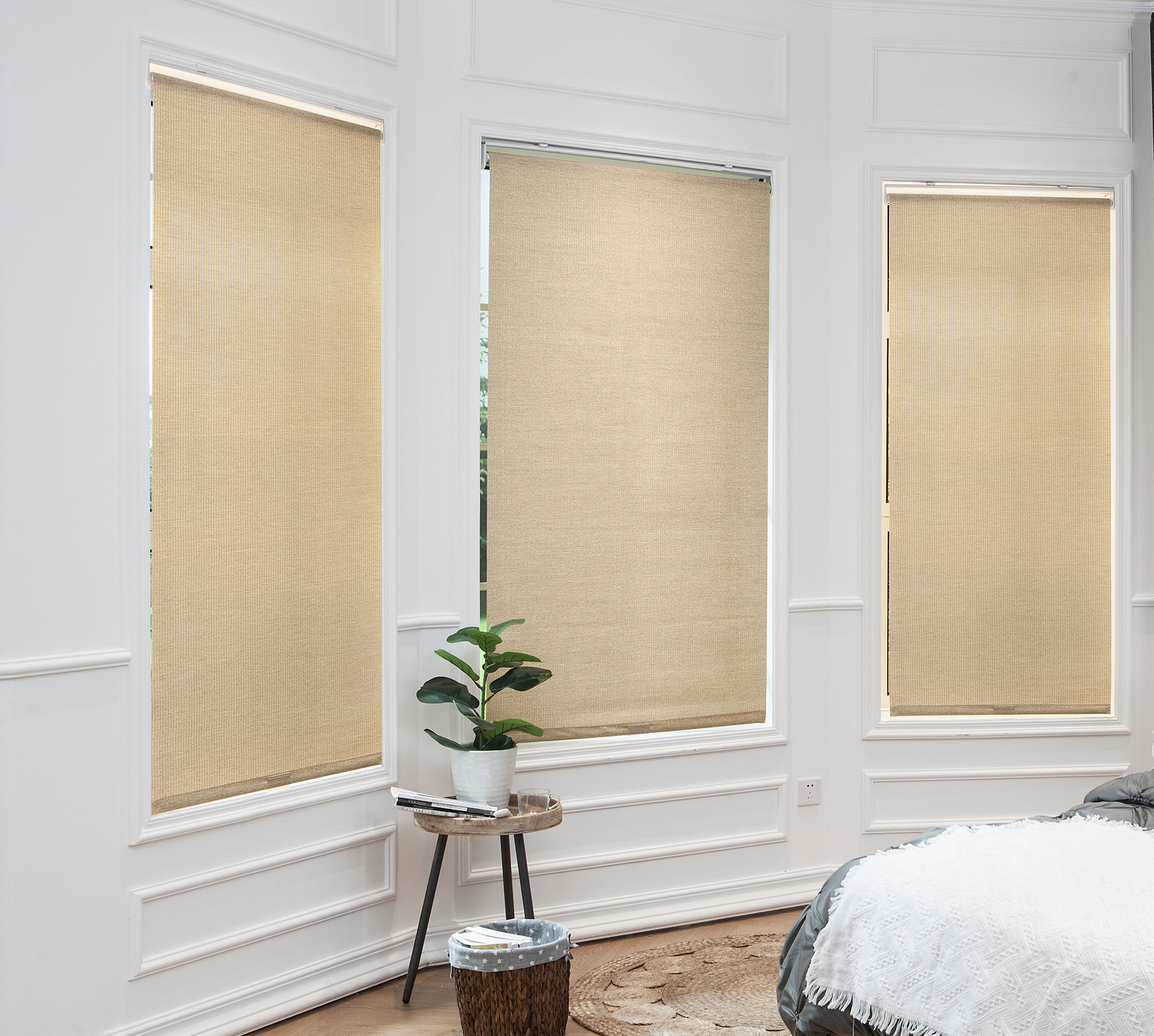 Natural Woven Cane Paper Cordless Roller Window Shade Pull-Down Blind for Home, Bedroom, Living Room, Kitchen, Office