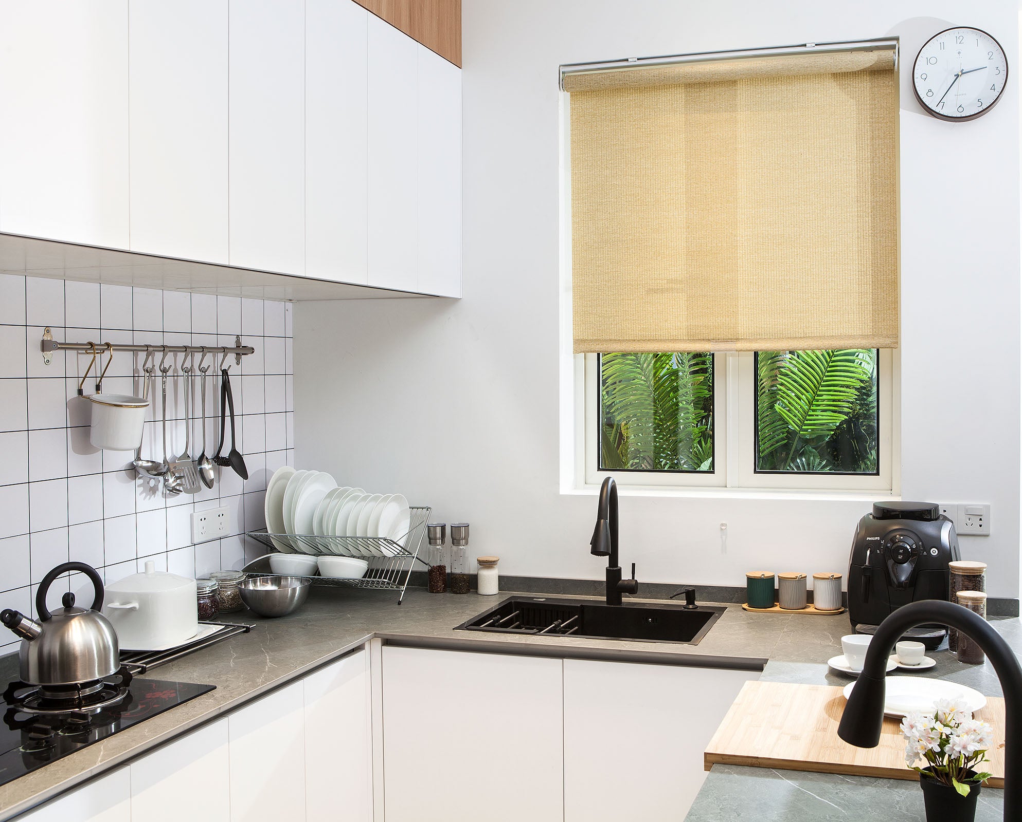 Natural Woven Cane Paper Cordless Roller Window Shade Pull-Down Blind for Home, Bedroom, Living Room, Kitchen, Office