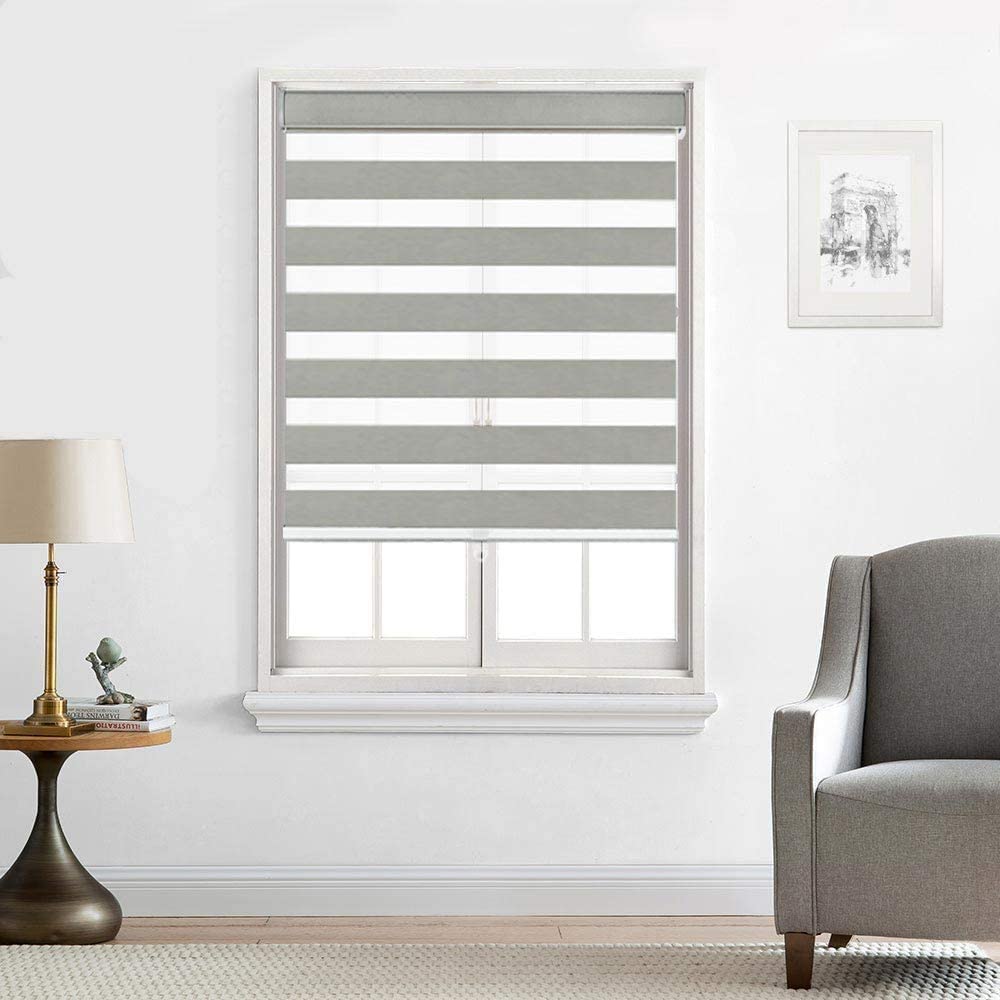 North Hills Home Customized Cordless Zebra Shades, Free-Stop Light Filtering Zebra Roller Blinds for Bedroom/Living Room/Office, Grey