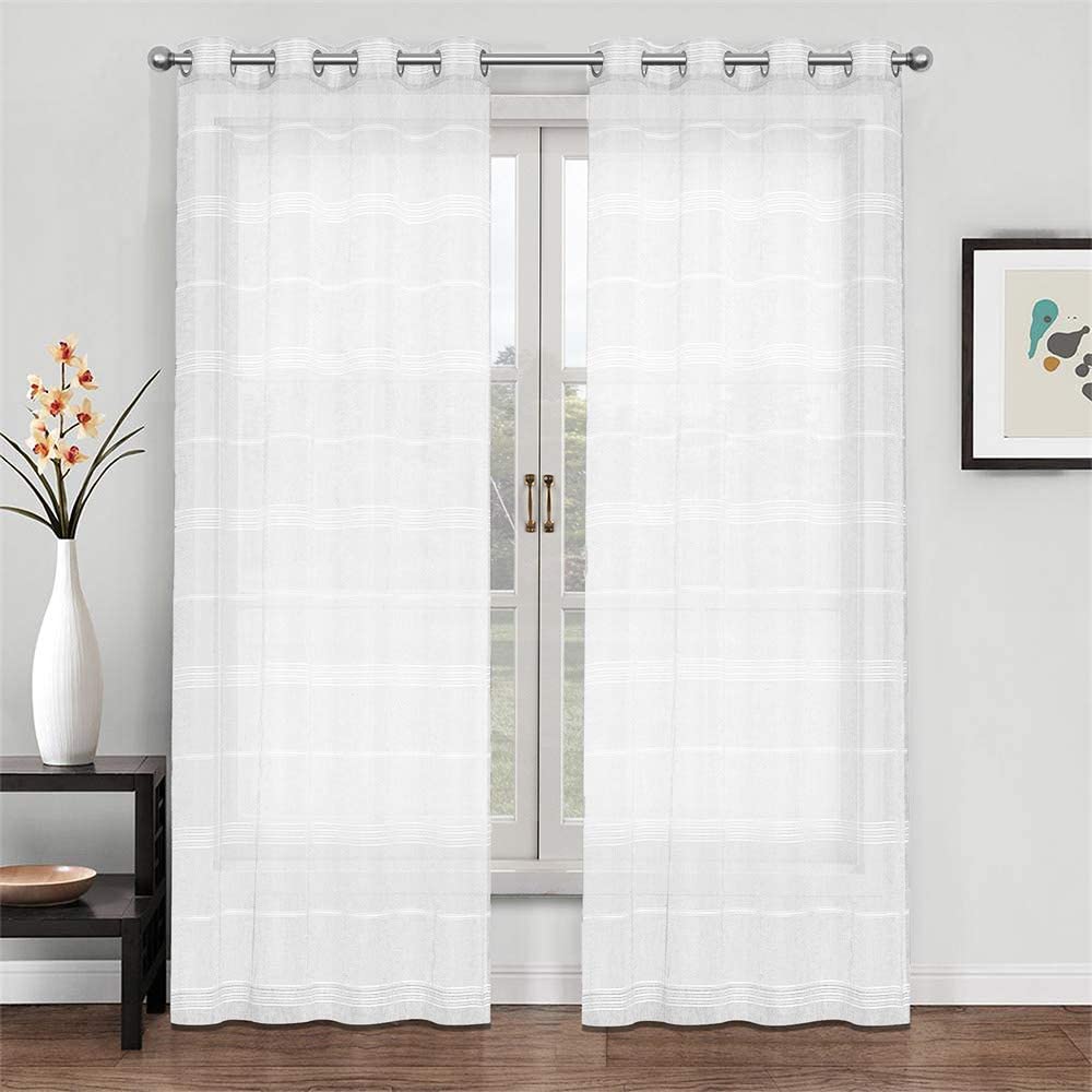 North Hills Home Striped Sheer Curtains for Living Room, Linen Textured Grommet Voile Summer Night Semi Sheer Curtains for Bedroom