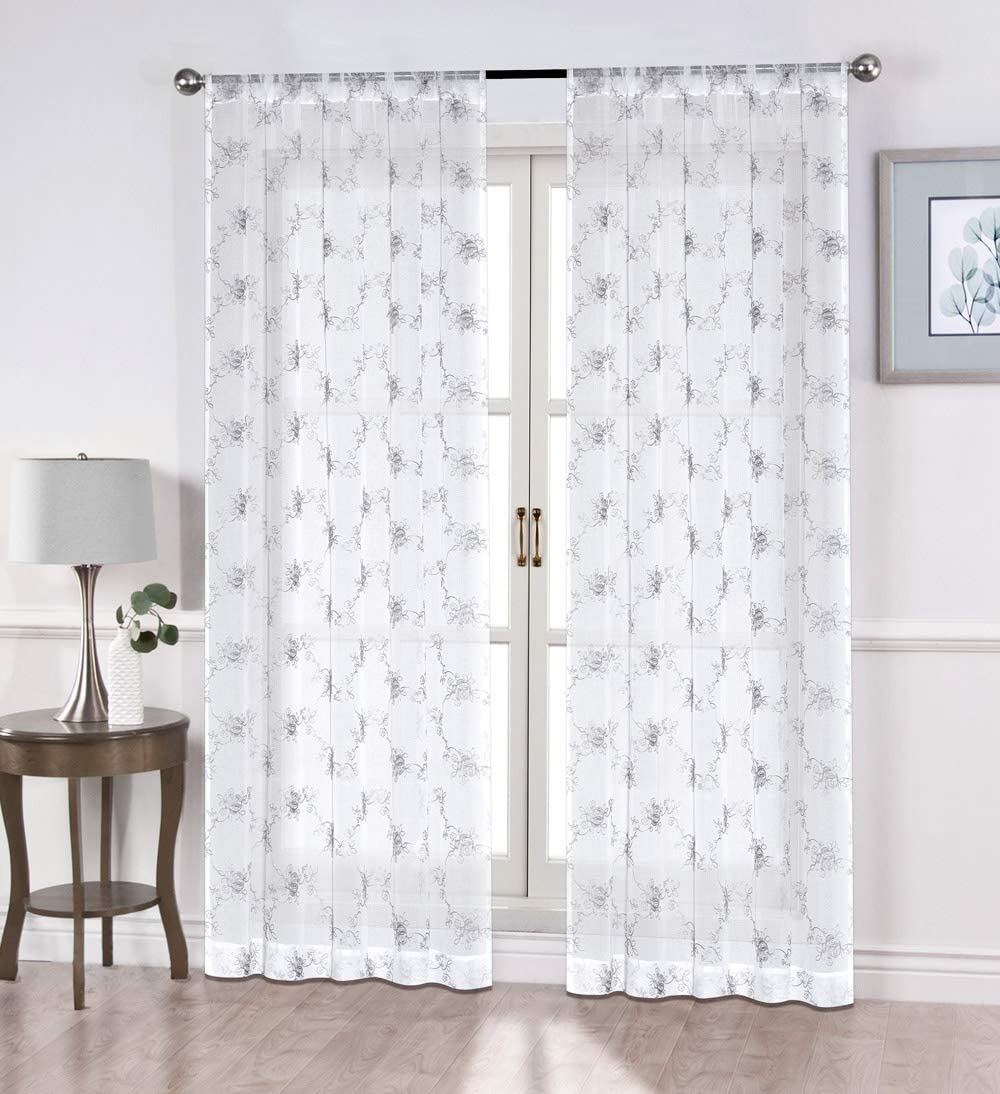 North Hills Home Floral Rose Embroidery Sheer Curtains for Living Room, Linen Textured Rod Pocket Semi Sheer Voile Drapes