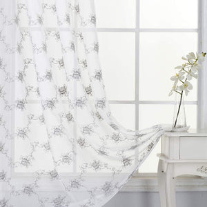 North Hills Home Floral Rose Embroidery Sheer Curtains for Living Room, Linen Textured Rod Pocket Semi Sheer Voile Drapes