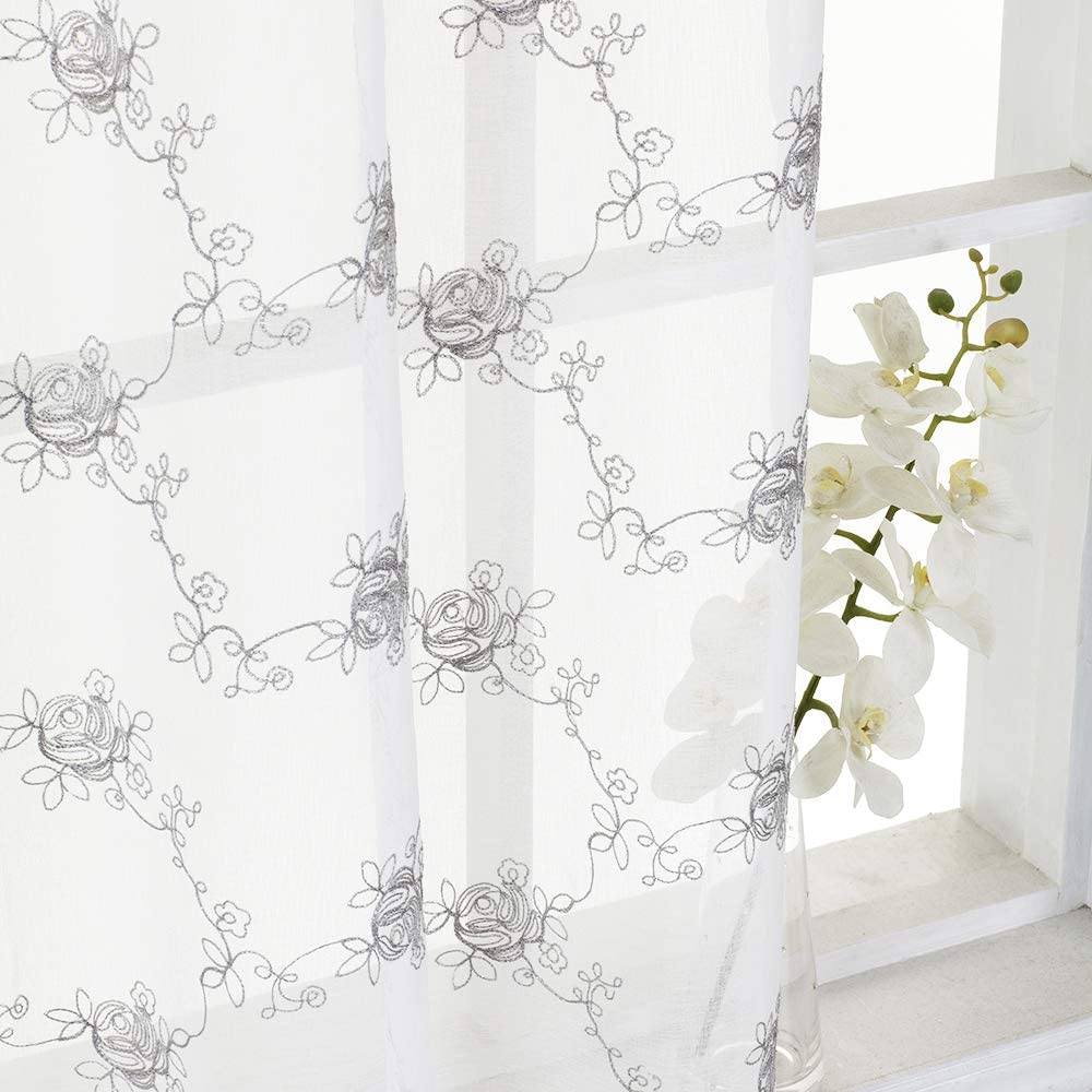 North Hills Home Floral Rose Embroidery Sheer Curtains for Living Room, Linen Textured Rod Pocket Semi Sheer Voile Drapes