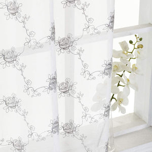 North Hills Home Floral Rose Embroidery Sheer Curtains for Living Room, Linen Textured Rod Pocket Semi Sheer Voile Drapes