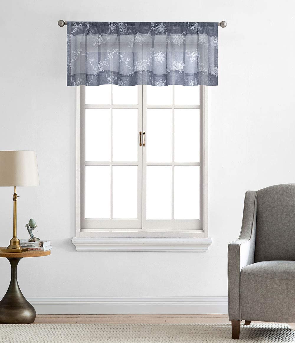 North Hills Home Floral Rose Embroidery Sheer Valance Curtains for Windows, Rod Pocket Valance