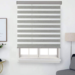 FauxLinen Zebra Shade, Cordless Free-Stop Zebra Blind with Dual Layer Natural linen and Steel Grey