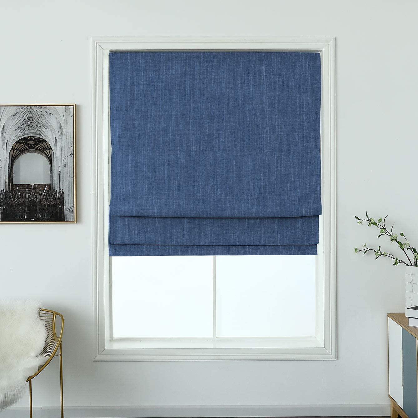 North Hills Home Cordless Woven Blackout Roman Shade with Modern Cotton Seneca Look Denim Blue/Earl Gray/French Vanilla