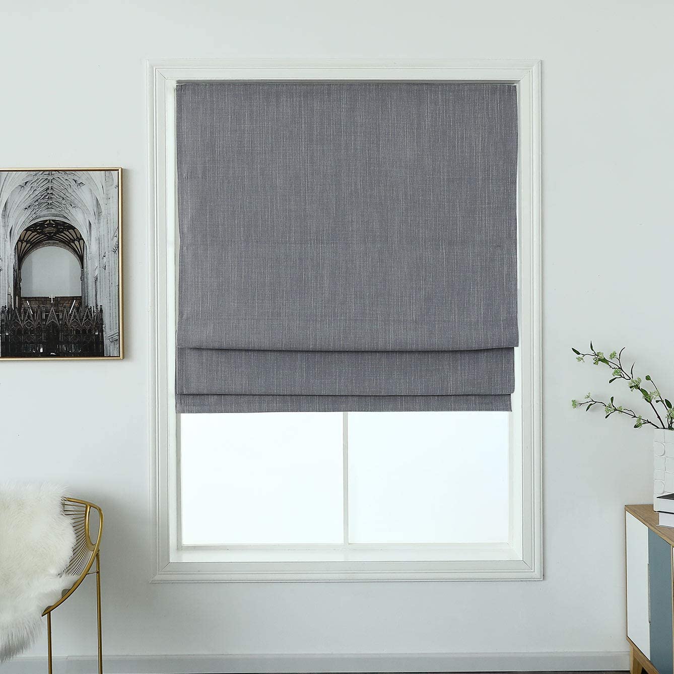 North Hills Home Cordless Woven Blackout Roman Shade with Modern Cotton Seneca Look Denim Blue/Earl Gray/French Vanilla